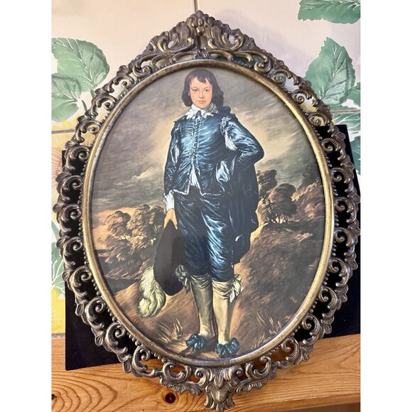Oval The Blue Boy Picture Convex Bubble Glass Ornate Italian Frame 17x12” VTG - Picture 11 of 11